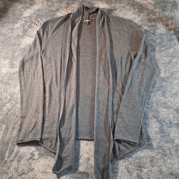 Express Open Front Cardigan Sweater Womans L Dk‎ Gray Ribbed Lightweight - Picture 1 of 7